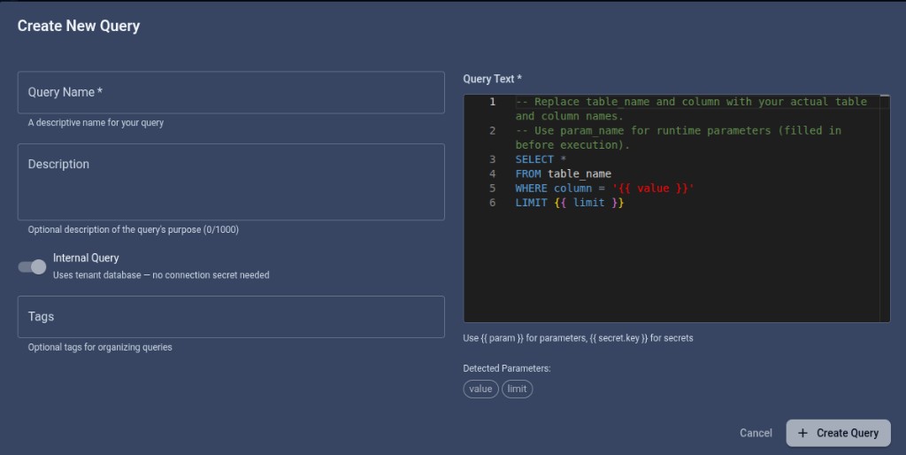 Create New Query in TaruviBase Console with Query Name, Description, Internal Query toggle, Tags, and Query Text editor.